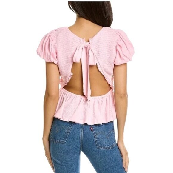 Free People Womens Pink Open Back Smocked Puff Sleeve Peplum Tie Blouse Top L/XL - Picture 2 of 9